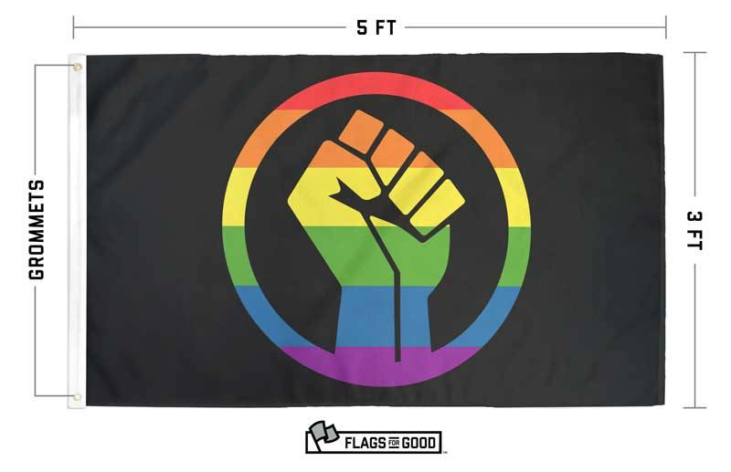 Rainbow Pride Fist flag — specs showing grommets and stitched edge details