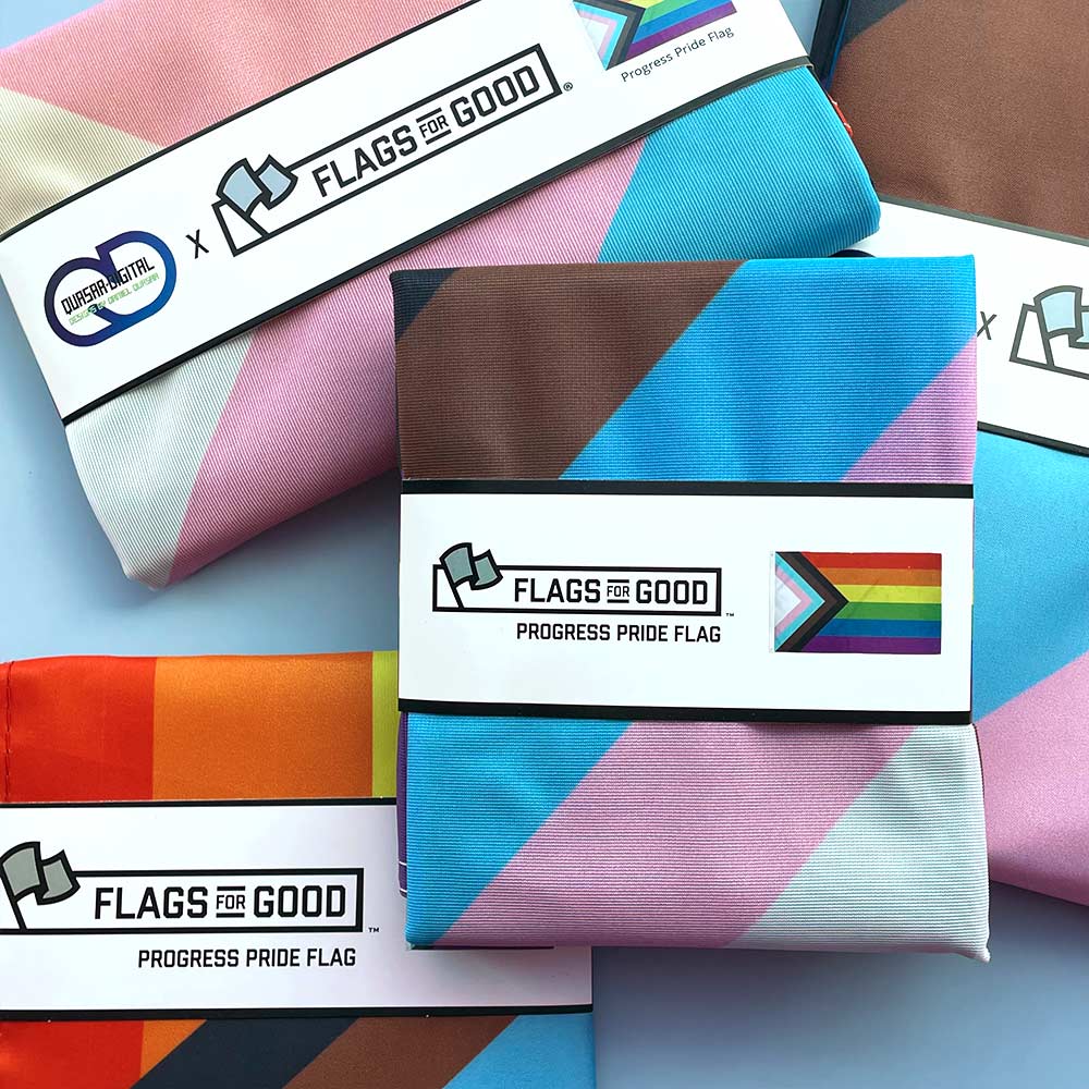 Progress Pride Flag in multiple sizes shown side by side for comparison