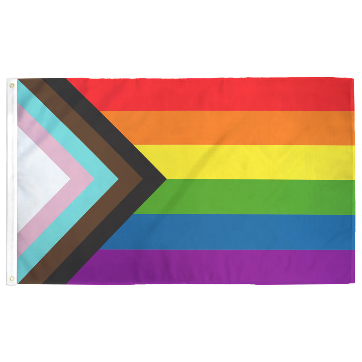 Progress Pride Flag — rainbow stripes with chevron of black, brown, pink, white, and blue