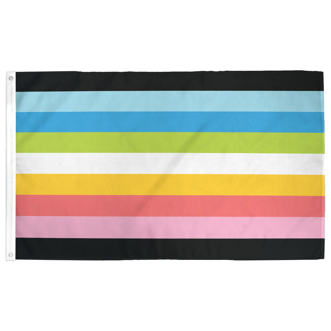Queer Pride flag — blue, pink, orange, green, black, and white stripes