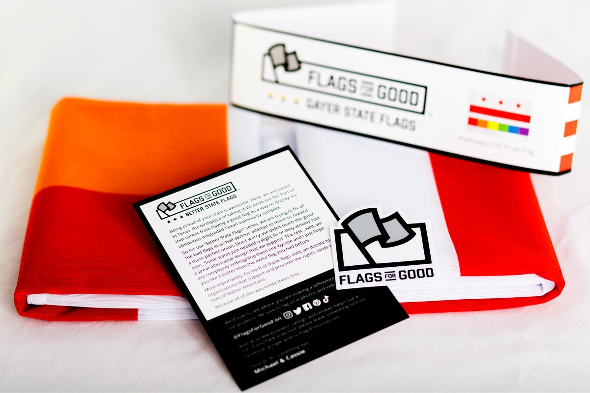 Washington DC Pride flag — unfolded flat lay showing rainbow three-star design