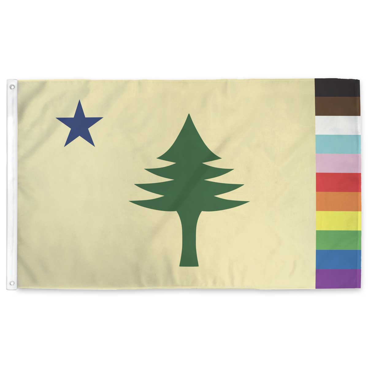 Rainbow Maine 1901 Lone Pine flag — pine tree design with rainbow fly-edge stripe, grommets