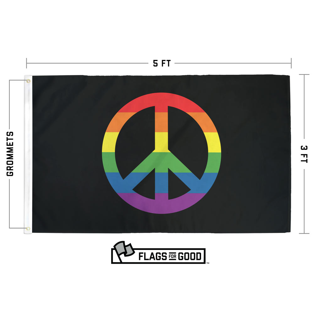 Rainbow peace sign flag — specs diagram with dimensions, variants, and grommet placement