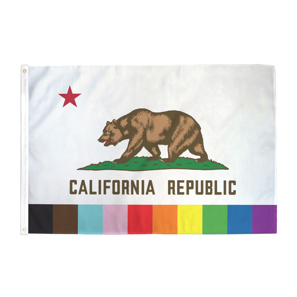 Rainbow California Pride flag — 3x5 ft, bear and star design with rainbow base stripe, grommets