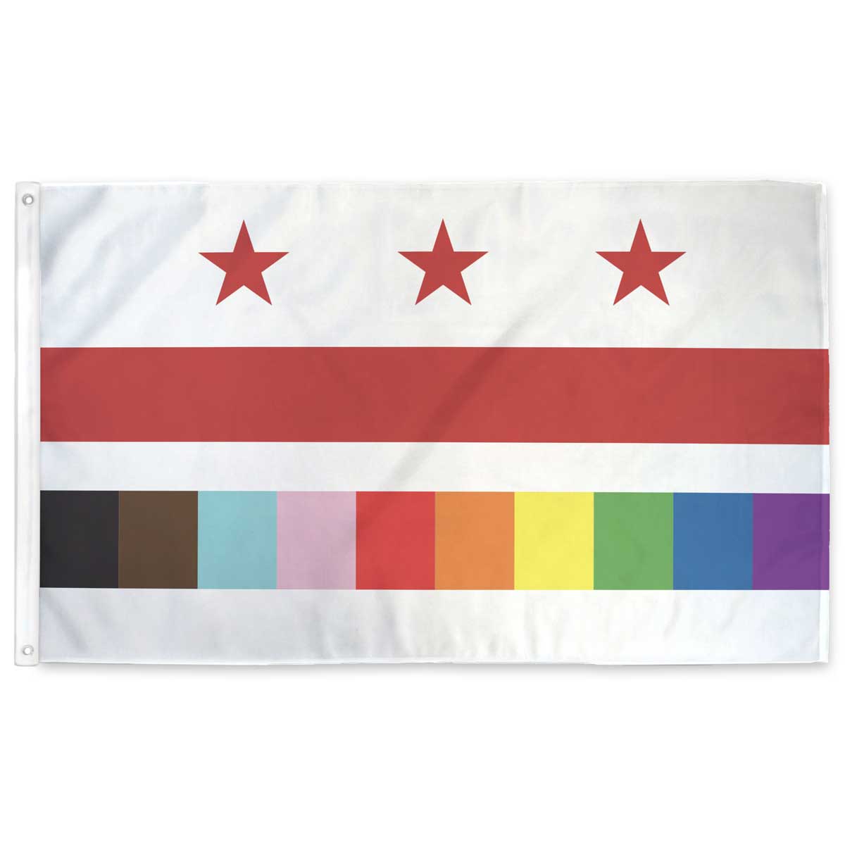 Washington DC Pride flag — rainbow three-star design, packaged with grommets