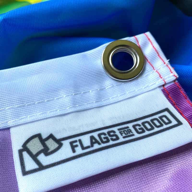 Flags For Good hang tag — shown on rainbow flag packaging