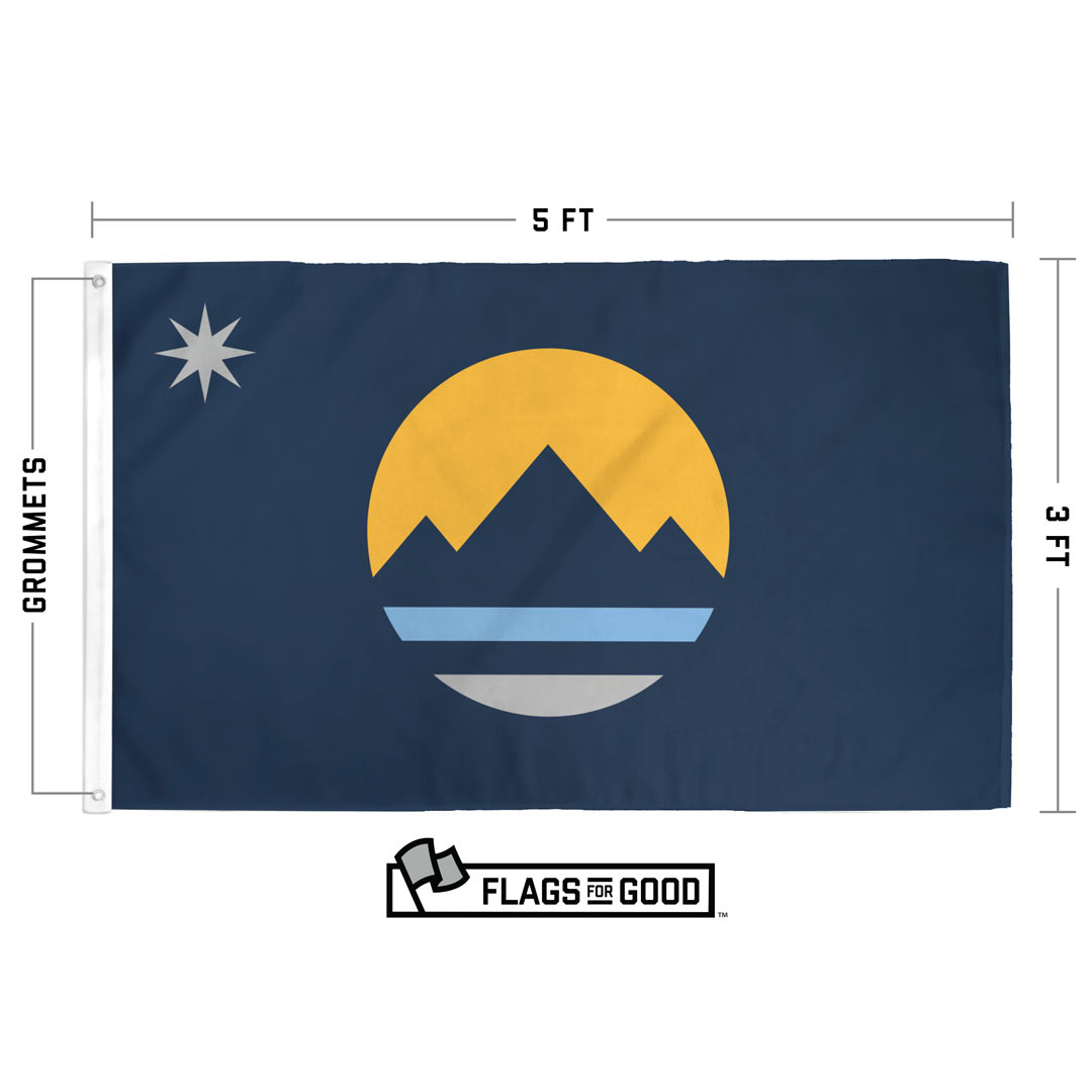 Reno flag specs — size, grommet, and double-stitched edge details diagram