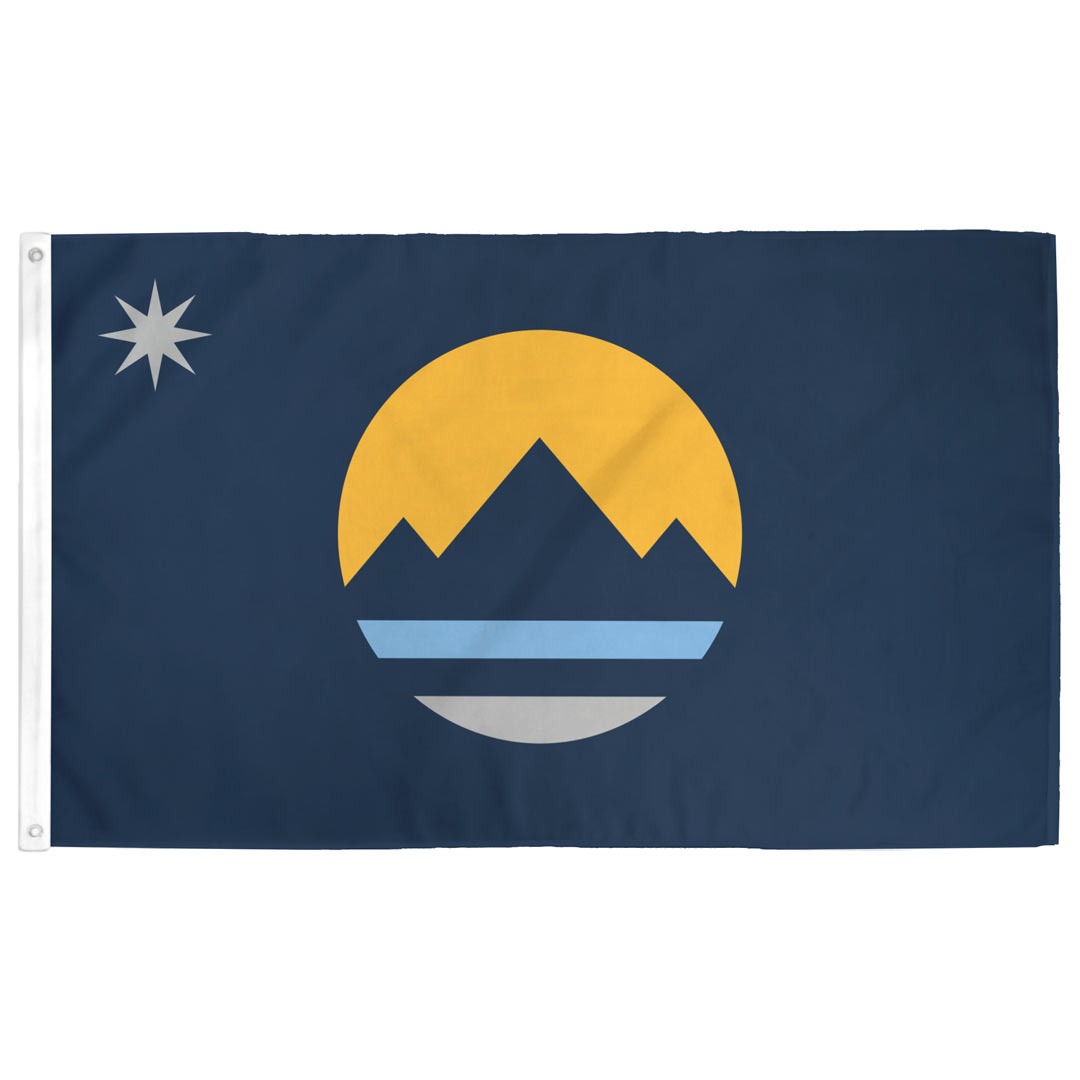 Reno city flag — rich blue field with geographic and historical symbols, 3×5 ft with grommets