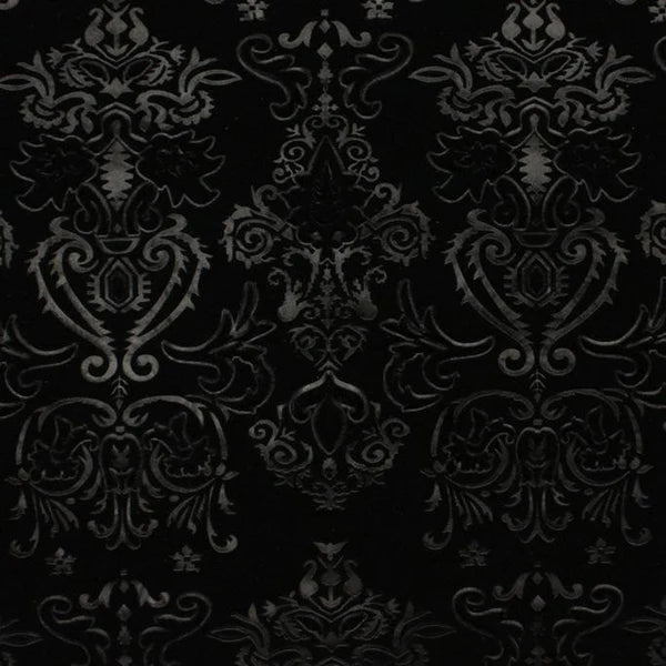 Royalty Velvet fabric — black embossed tapestry design, 4-way stretch, 58" wide