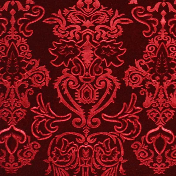 Royalty Velvet fabric — red variant, embossed tapestry design, 4-way stretch