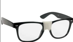 Nerd glasses — black squared plastic frames with tape on center nose bridge
