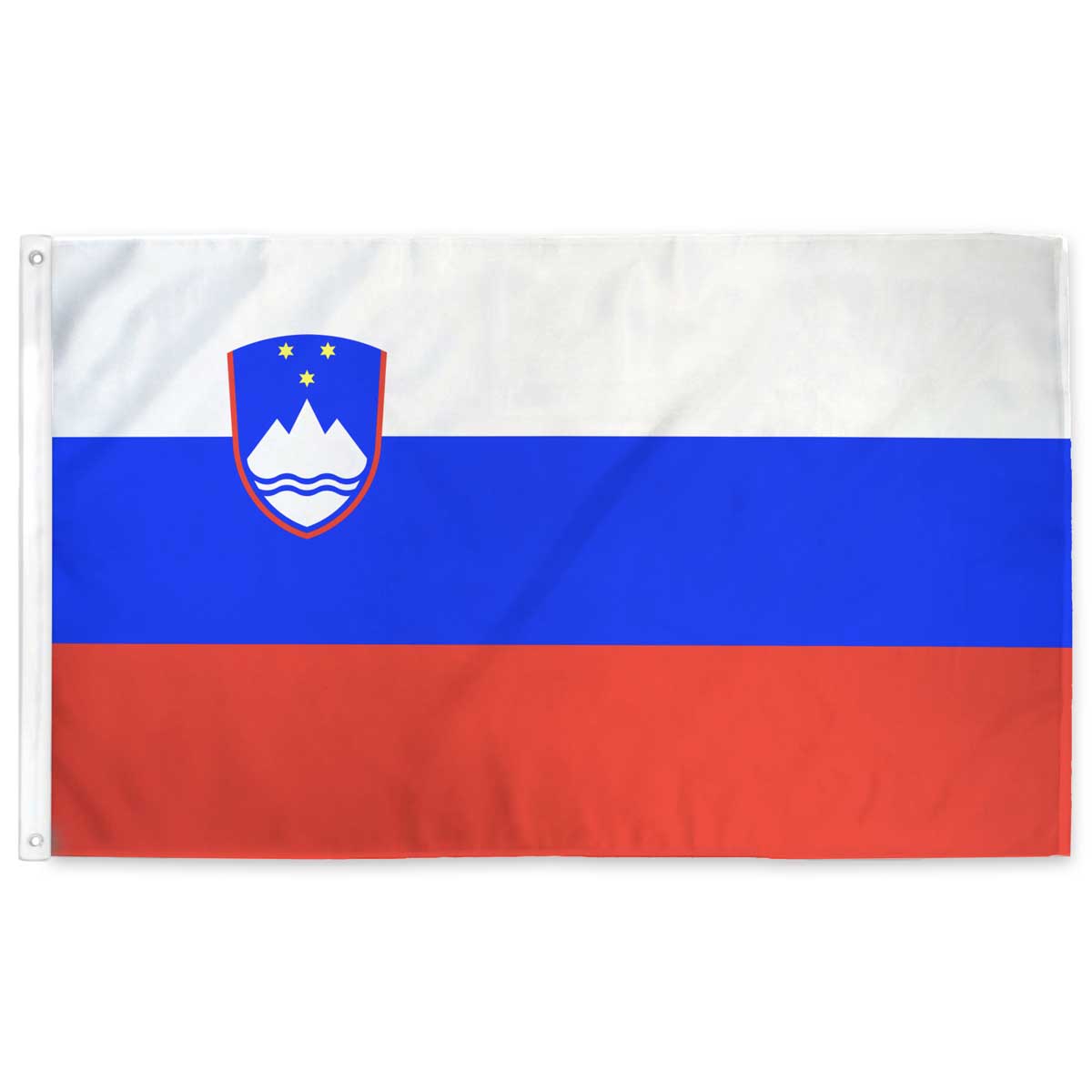 Slovenia flag — white, blue, and red horizontal tricolor with national shield, 3'x5' with grommets