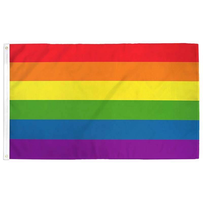 Six-stripe rainbow LGBTQ Pride flag — classic Gilbert Baker design, packaged view