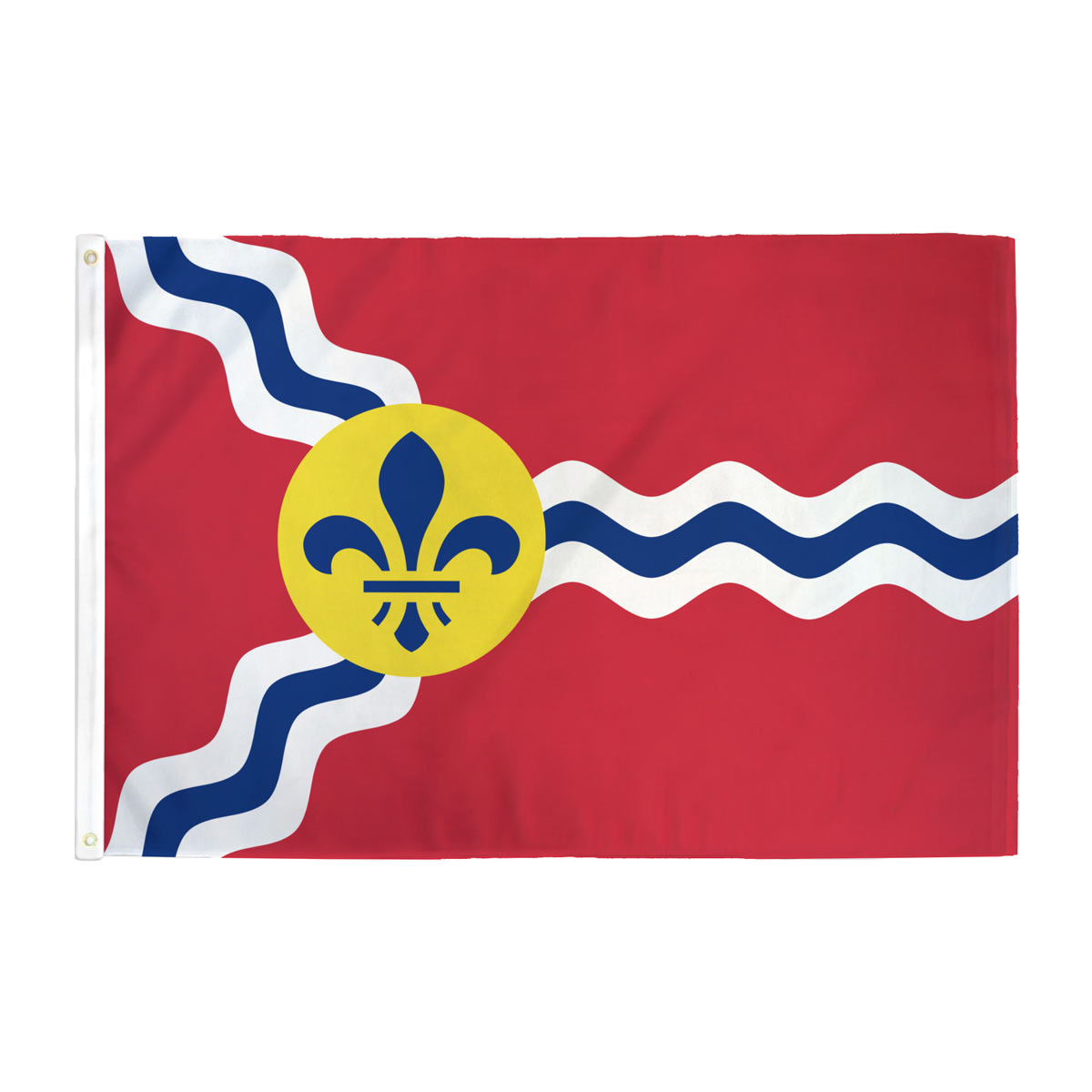 St. Louis city flag — red field with blue and white heraldic wavy bars, 3x4.5ft