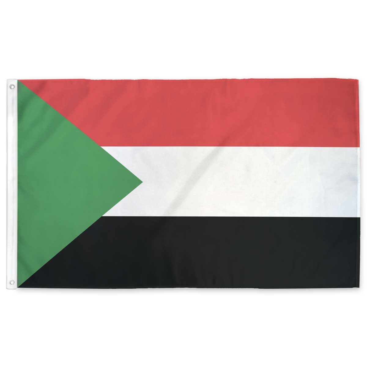 Sudan flag — red, white, and black tricolor with green triangle at hoist, 3×5 ft with grommets