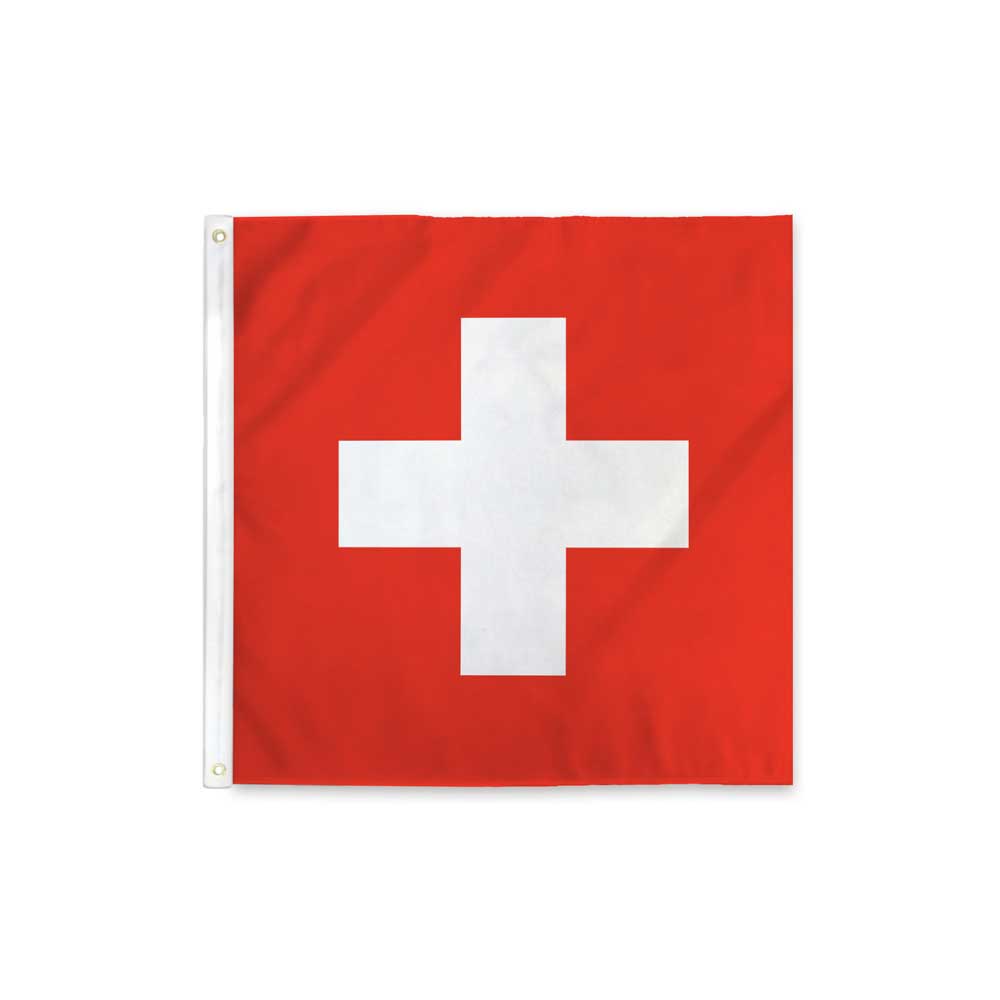 Switzerland flag — white symmetrical cross on red field, square 3'x3' with grommets