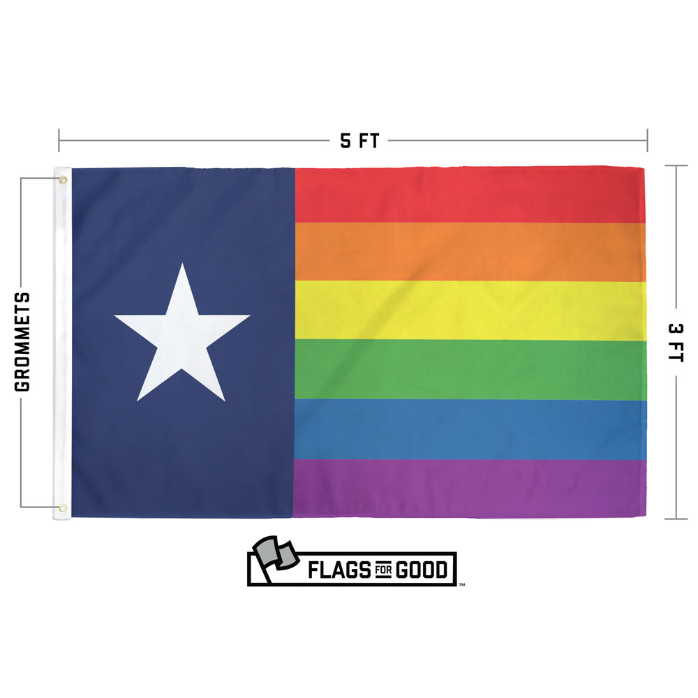 Texas Rainbow Pride flag spec sheet — dimensions, grommets, and stitching details