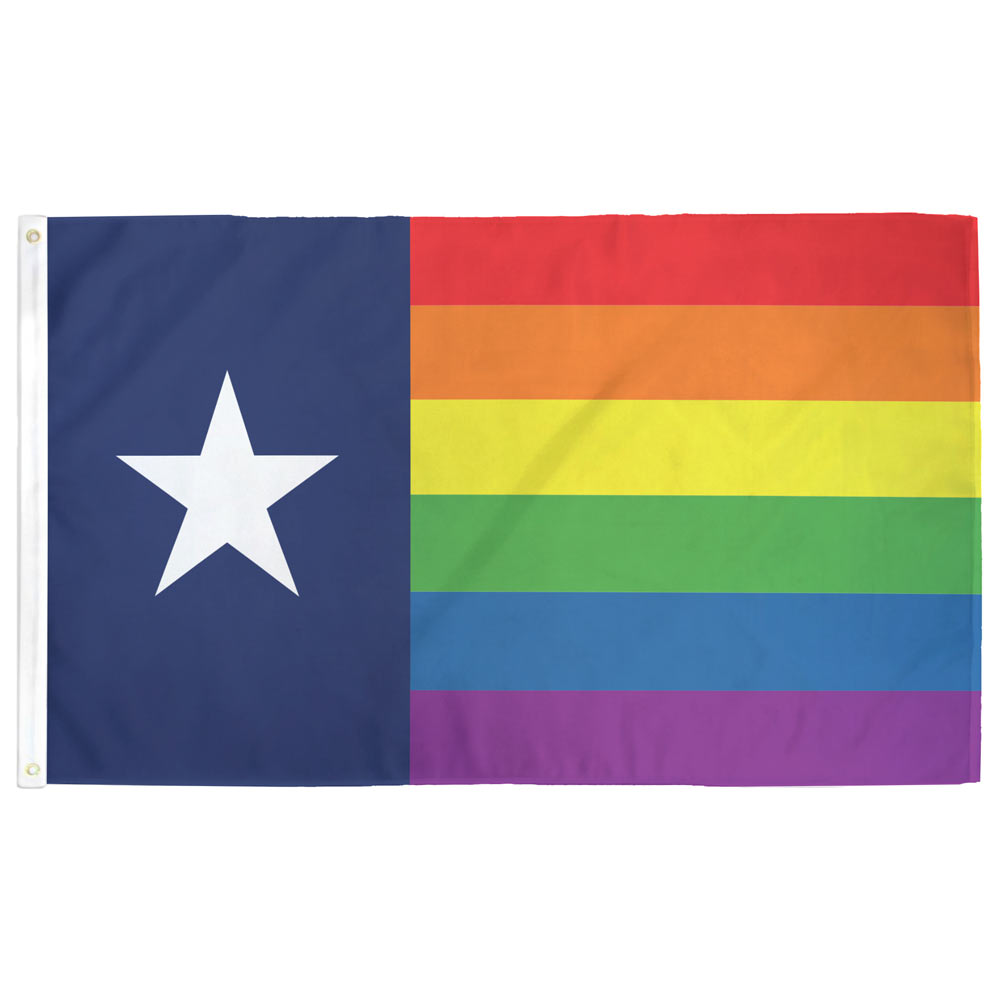 Texas Rainbow Pride flag — six-stripe rainbow with blue hoist and lone star, 3×5ft