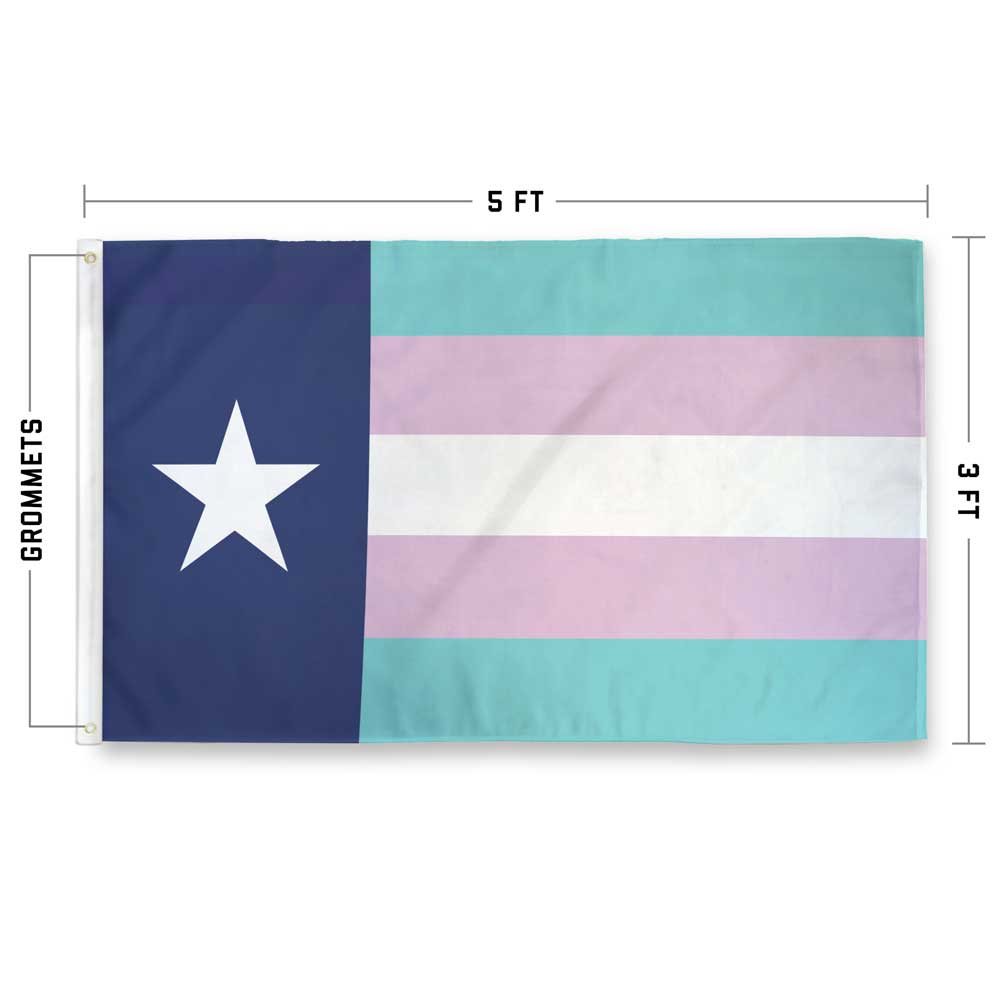 Texas Transgender Pride flag spec sheet — dimensions, grommets, and stitching details