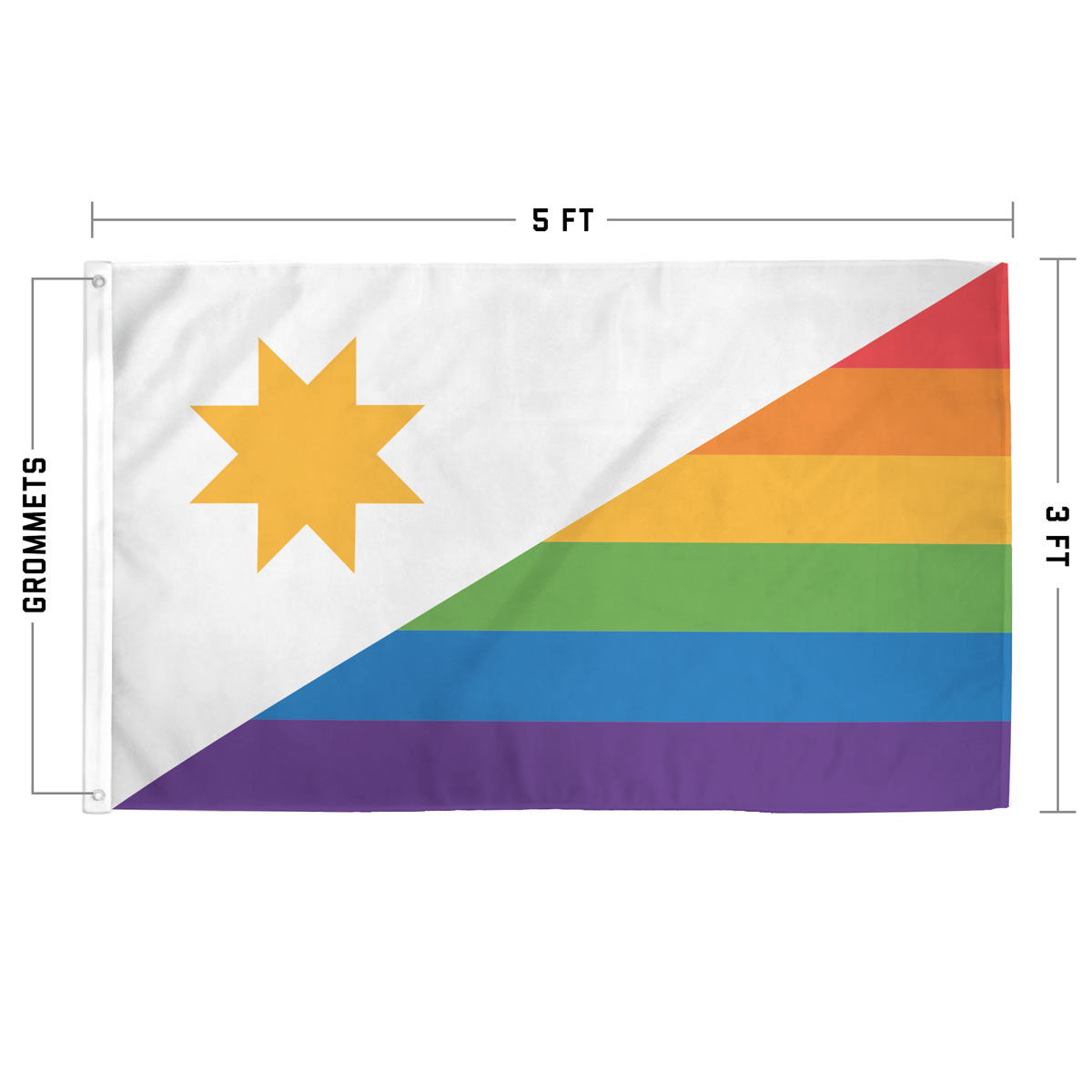 Toledo Pride flag spec sheet — 3×5ft, grommets, stitching details