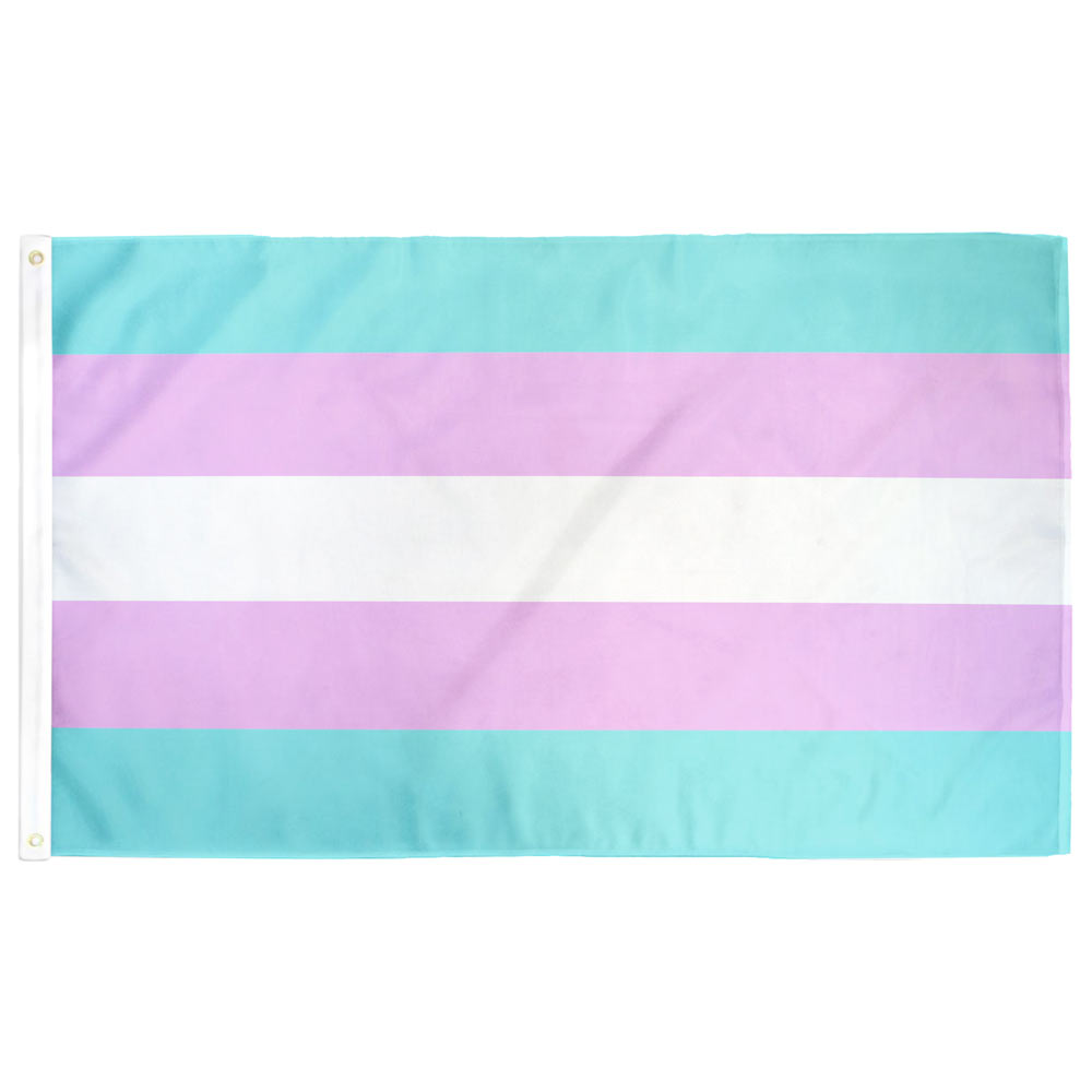 Transgender Pride flag — pink, white, and baby blue stripes, featured view with grommets