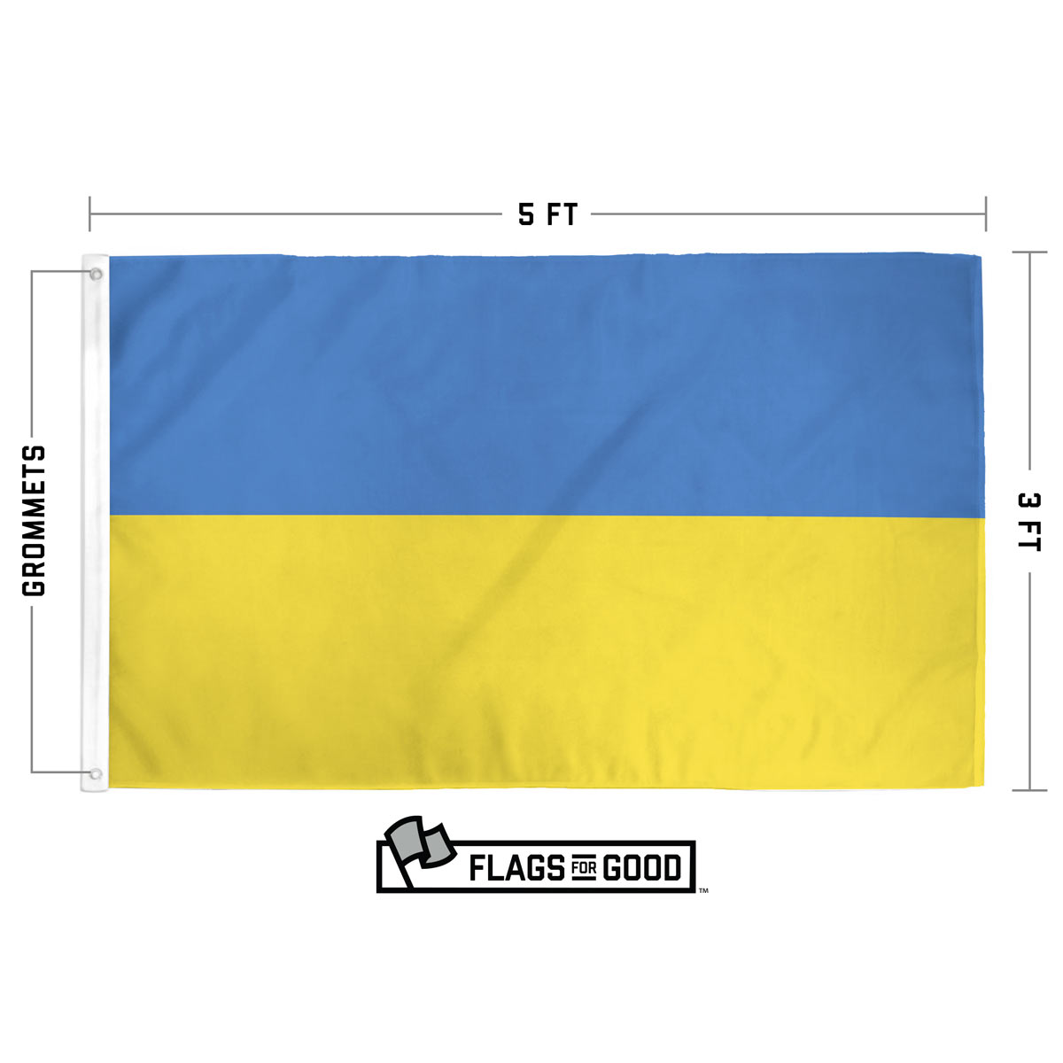 Ukraine Flag specs — size, grommet, and double-stitched edge details