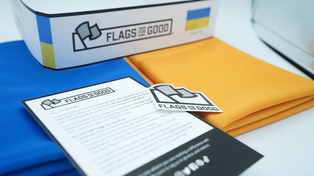 Ukraine Flag unfolded and displayed, showing full blue over yellow design
