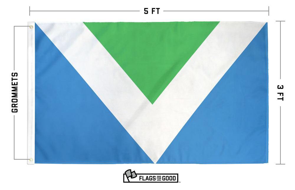 International Vegan flag — spec sheet showing dimensions and construction details