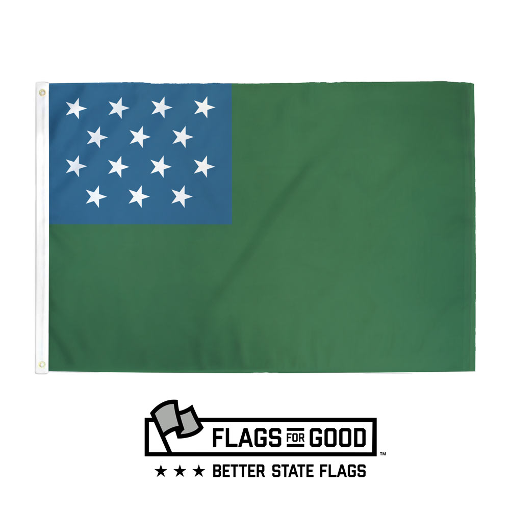 Redesigned Vermont flag — green field with stars and VT cross motif, flying