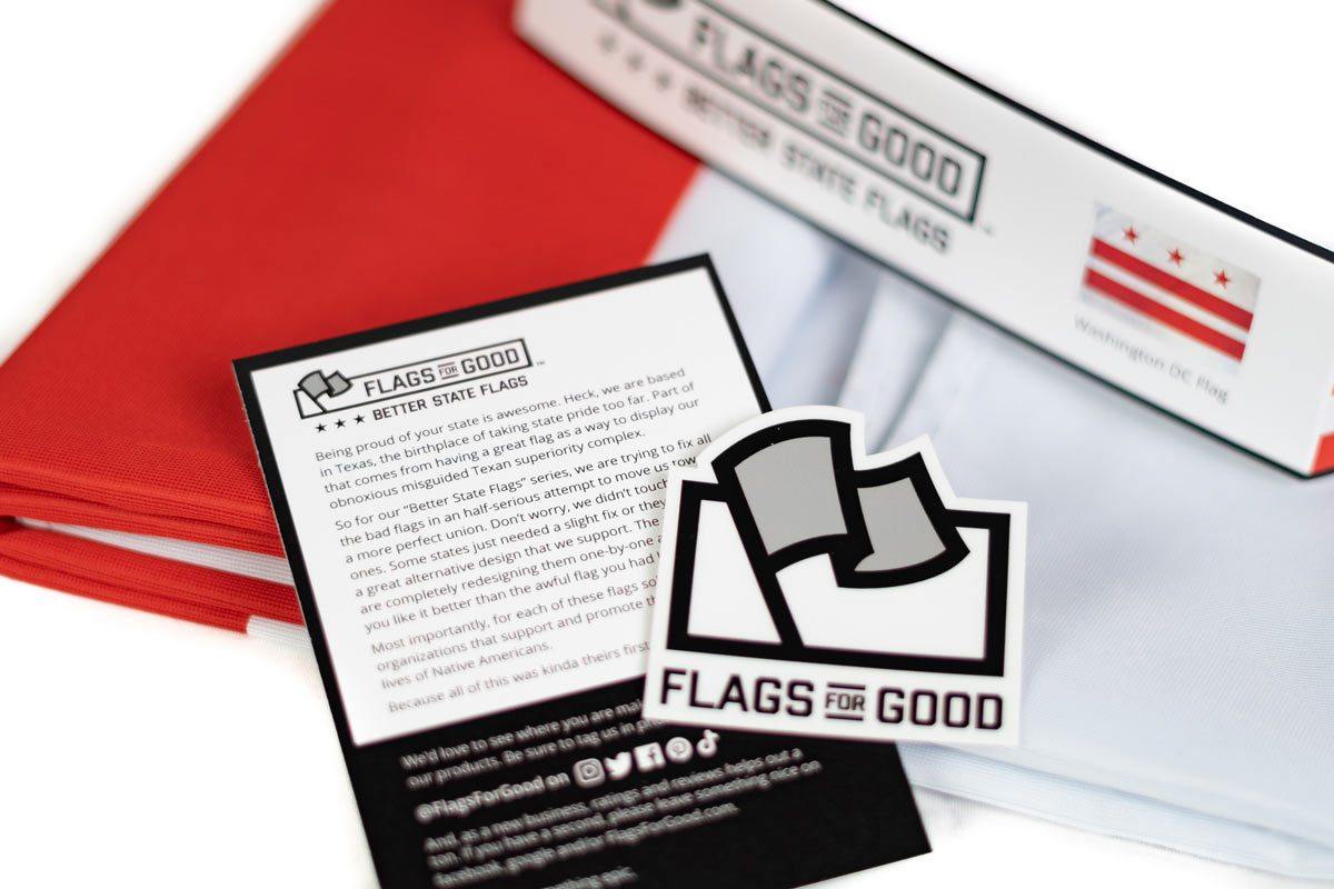 Washington DC flag — unfolded flat lay showing full three-star design