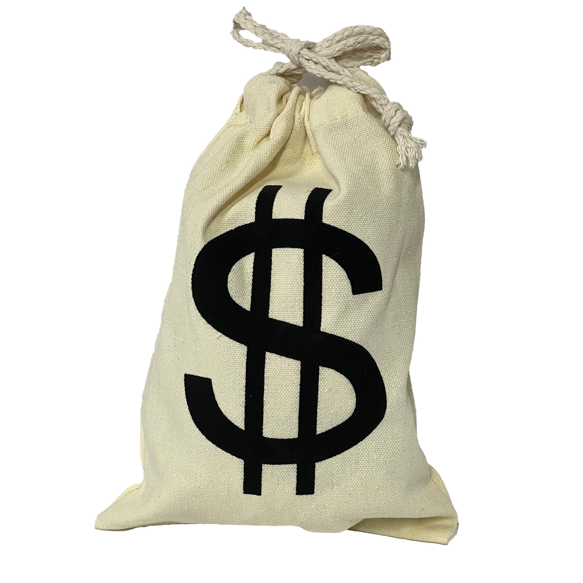 Canvas drawstring money bag prop — off-white 6×9", black dollar sign, rope drawstring
