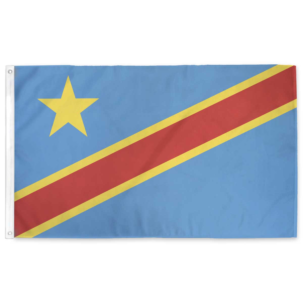 Democratic Republic of the Congo flag — sky-blue field with red diagonal stripe, yellow fimbriation, and gold star