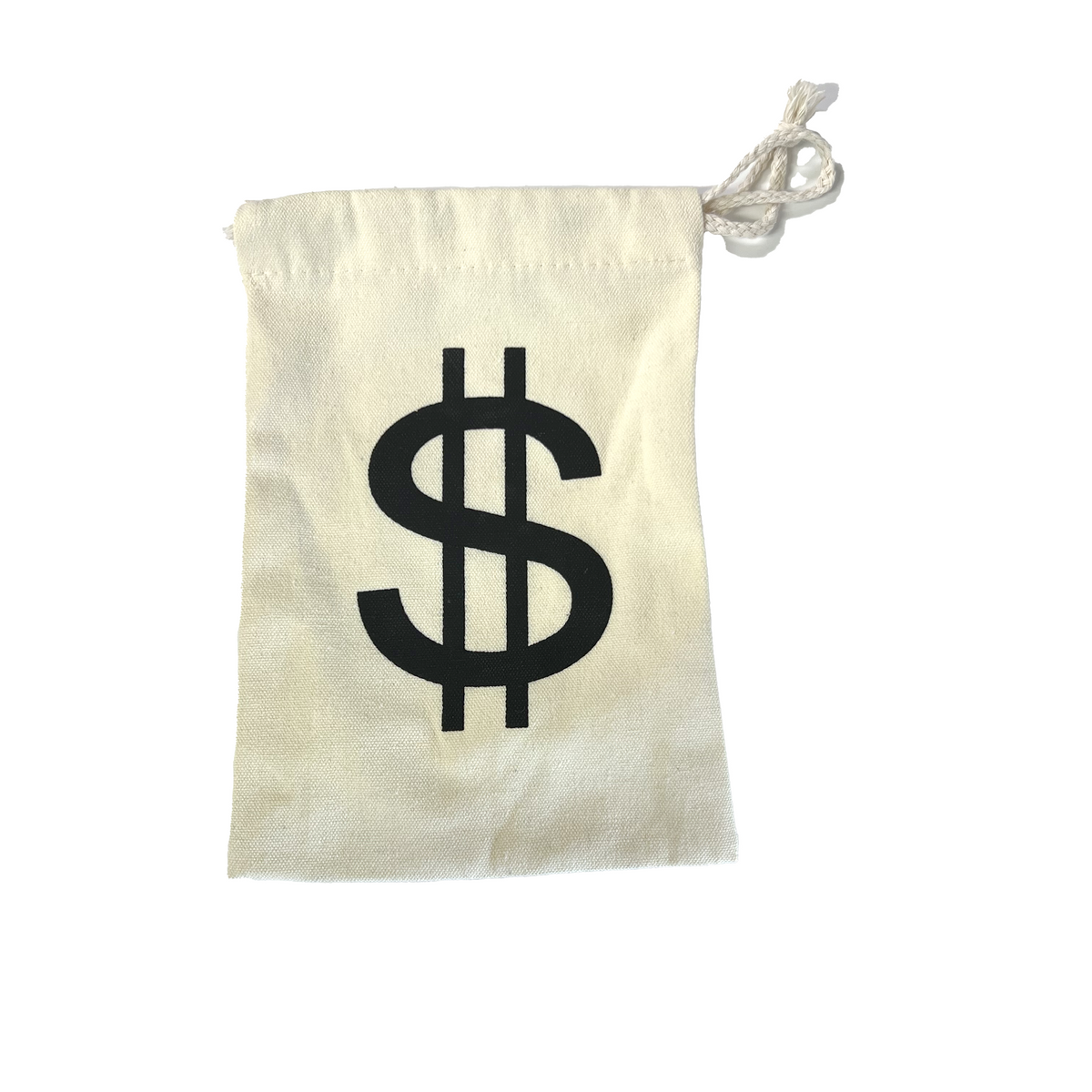 Money bag prop — back view showing canvas texture and drawstring closure