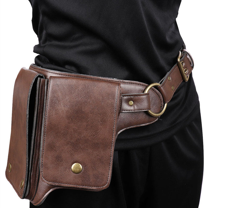 Leatherlike pouch belt — 48" faux leather with metal buckle, two snap pouches, and rear zipper pocket