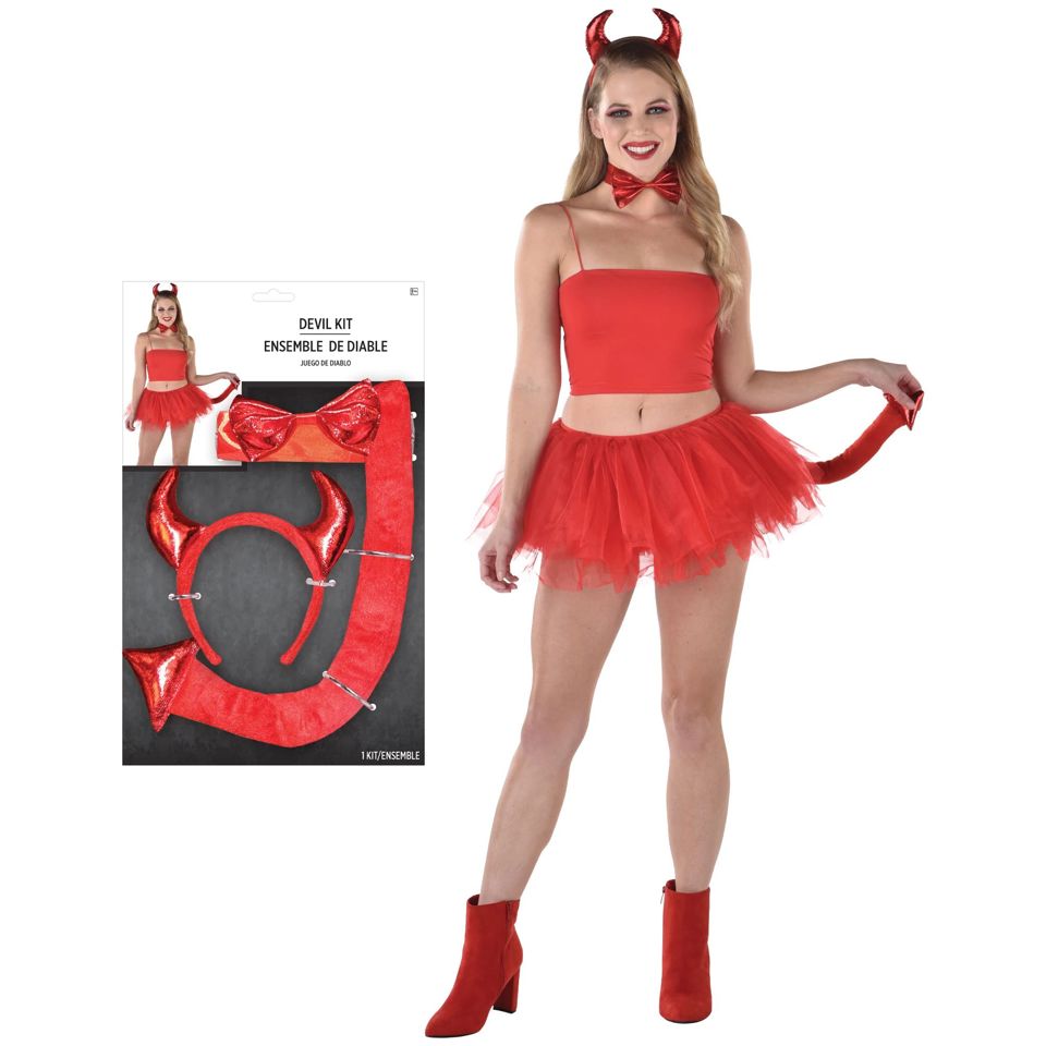 Devil costume set — metallic red horns, tail, and bow tie