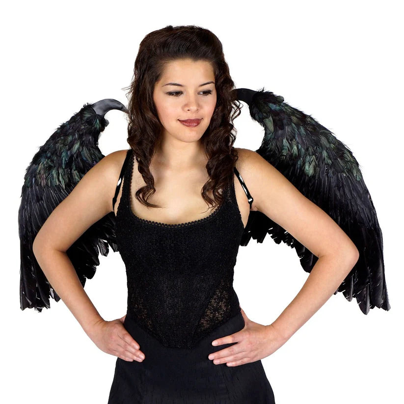 Maleficent-inspired black feather wings — close-up of feather texture and vinyl claw detail