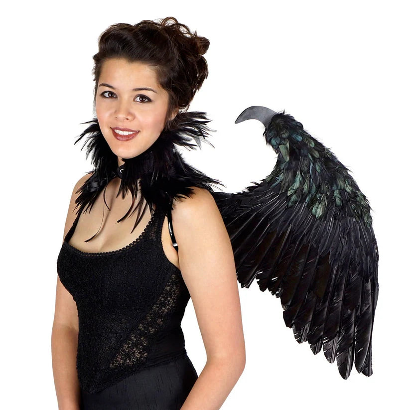 Maleficent-inspired black feather wings — worn on model, folded back position