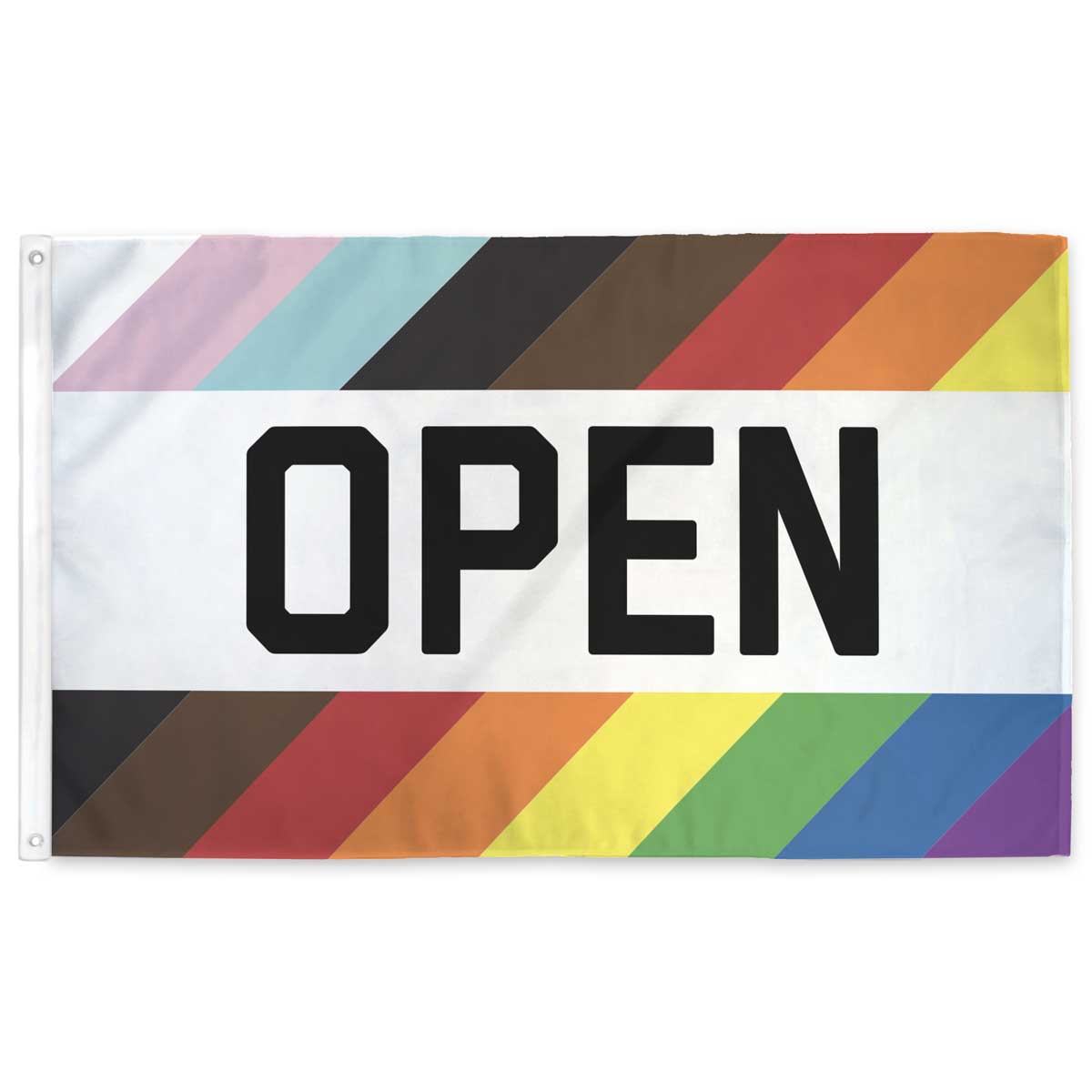 Rainbow Pride OPEN flag displayed outside a shop — indoor storefront view