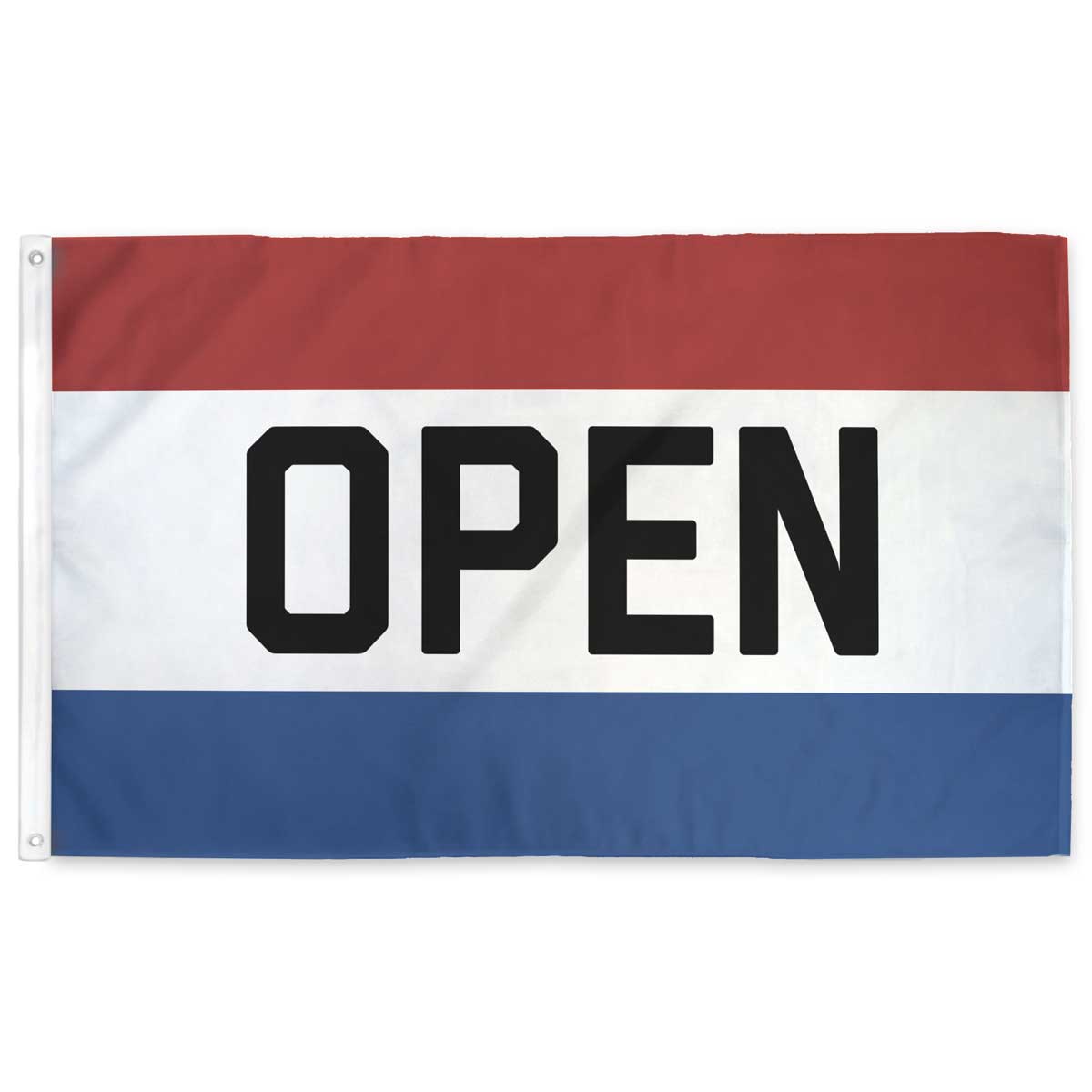 Red, white, and blue OPEN flag displayed outside a shop
