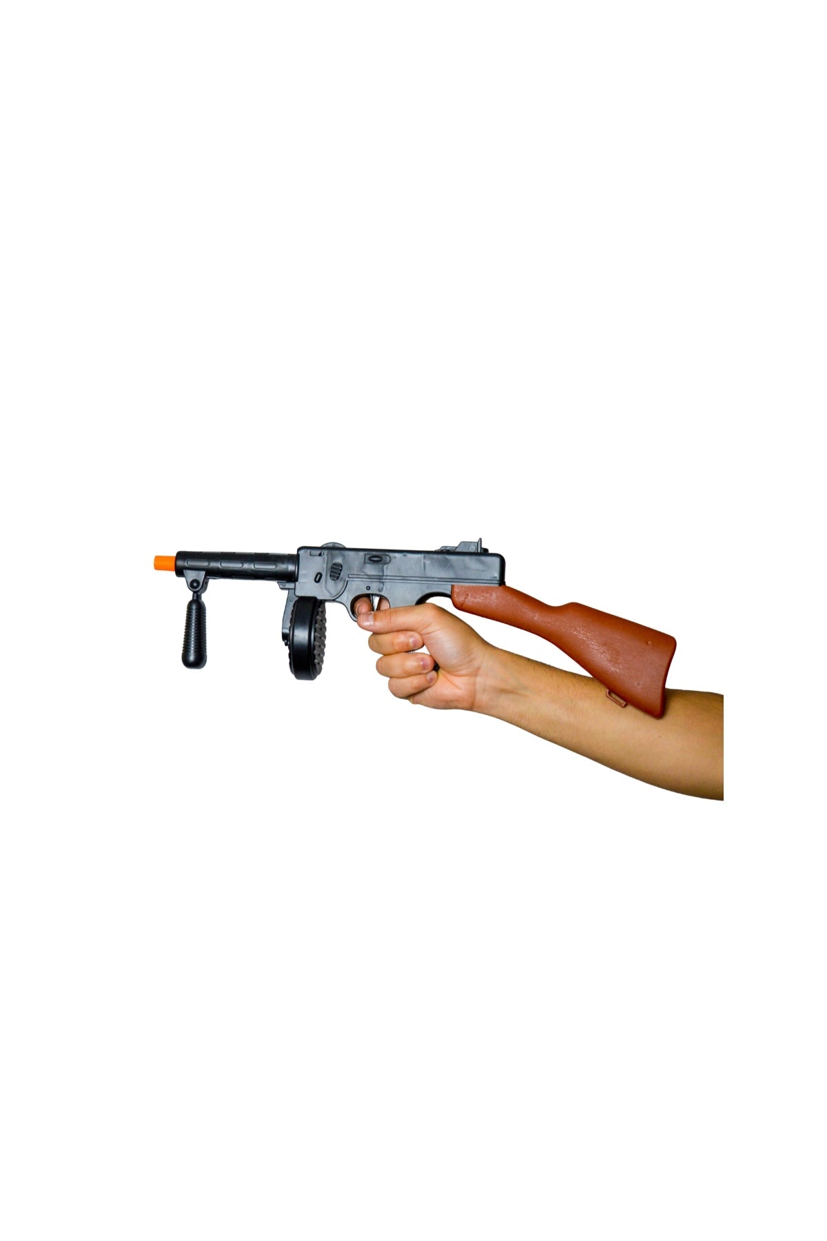20" toy tommy machine gun — black barrel with orange safety cap, brown stock, makes rat-a-tat sound
