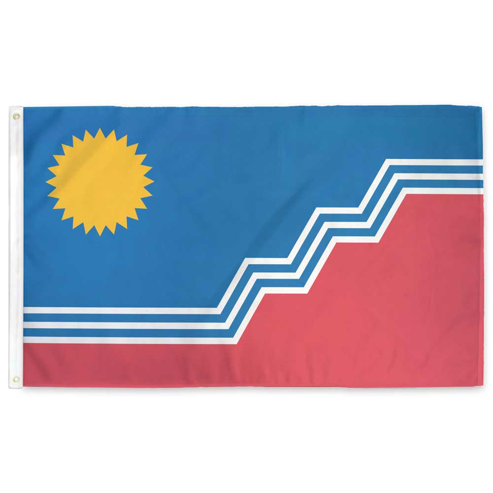 Sioux Falls city flag — zigzag design in blue, pink-red, and white, 3×5 ft with grommets