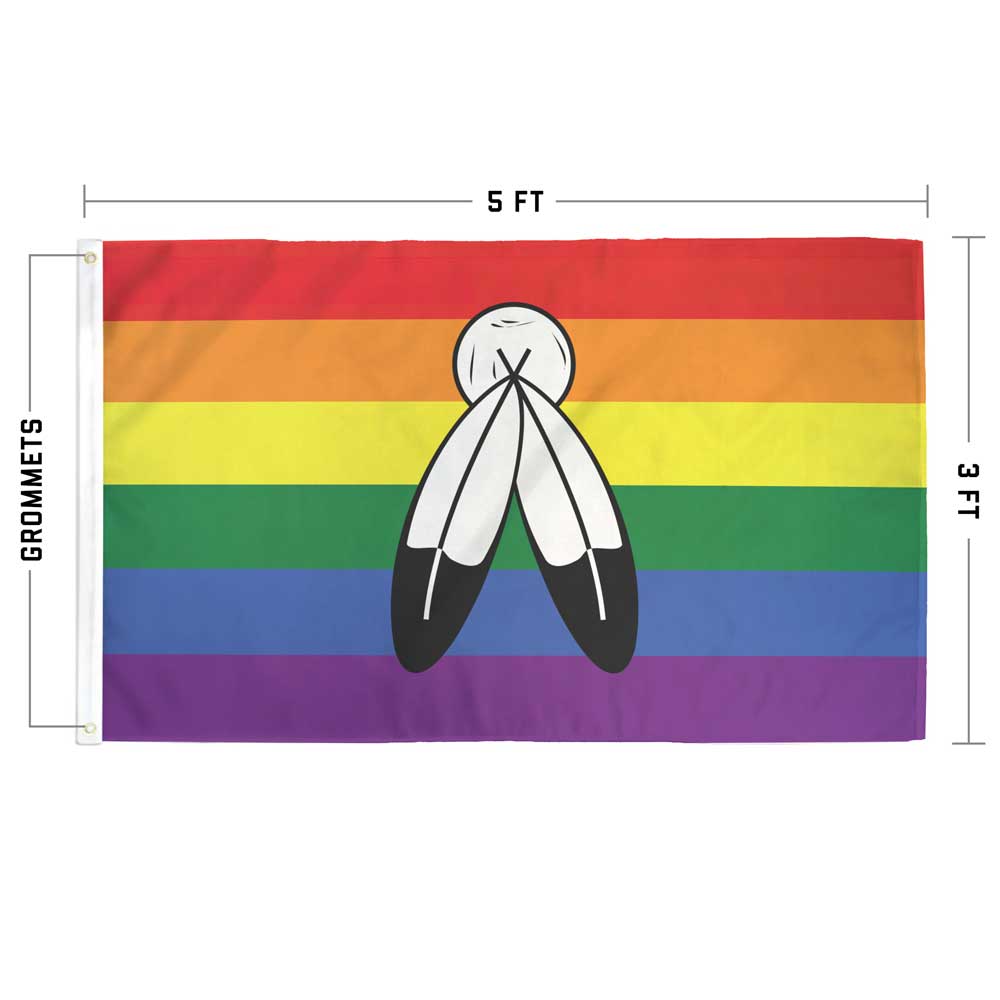 Two Spirit Pride Flag specs — size, grommet, and stitching details
