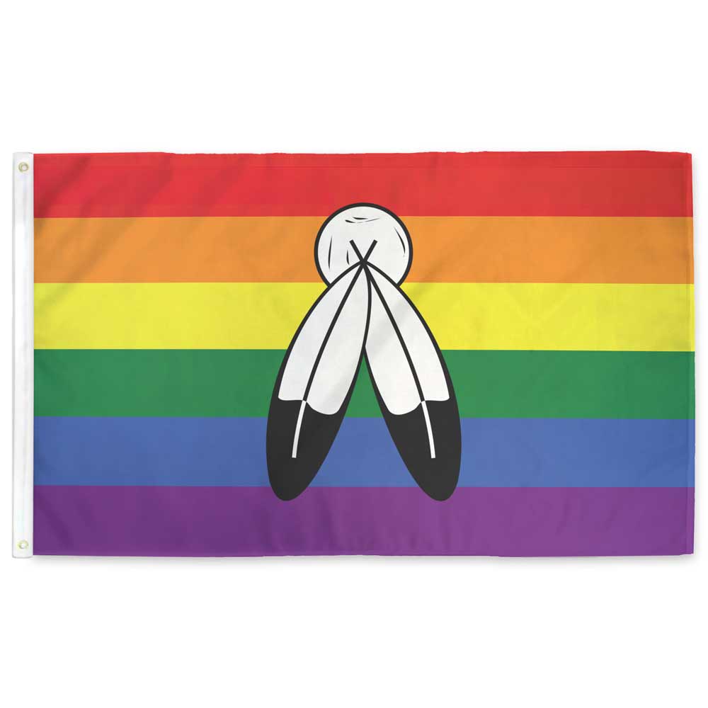Two Spirit Pride Flag — 3x5 ft, rainbow stripes with central circle and two feathers