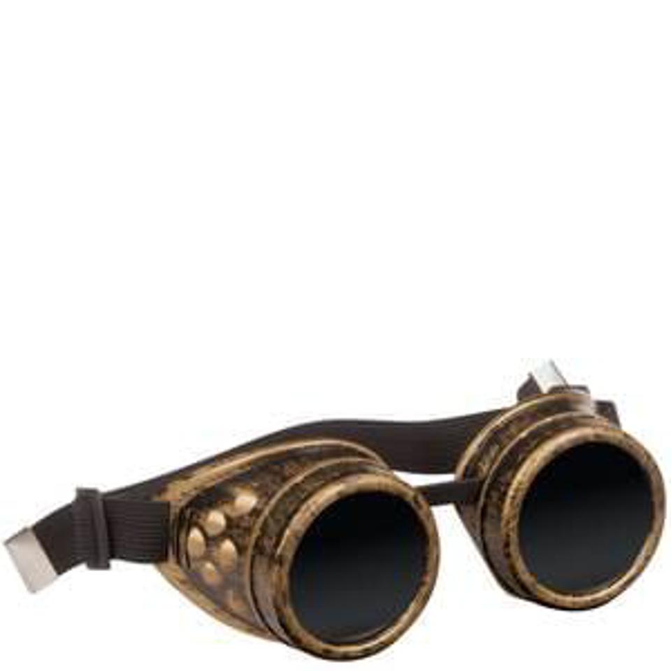 Steampunk Goggles worn on model — showing gold frame fit and visor detail