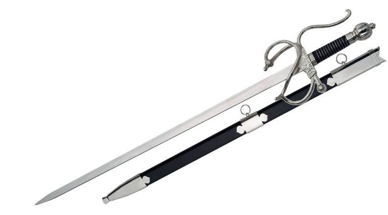 El Cid sword with sheath — 39" engraved steel blade, full length view