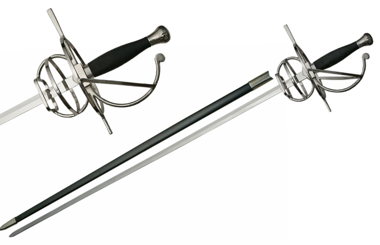 Medieval rapier sword — close-up of ornate black handle detail