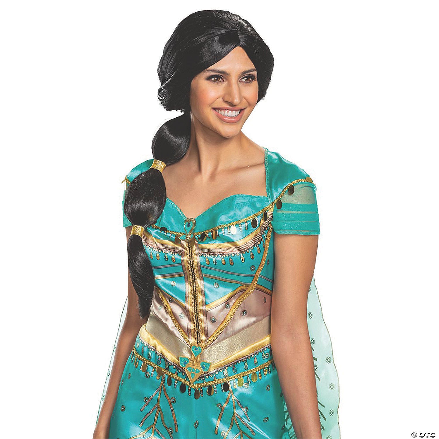 Jasmine wig — long straight black hair with center part, Aladdin style