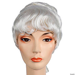 Colonial Lady Wig — white, ringlet tail and 4-tiered bun, worn on model