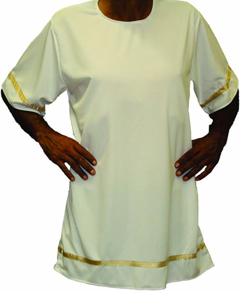 White Roman tunic — alternate view showing length and drape