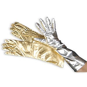 Lamé elbow gloves — gold sparkling stretch, ladies one size, 15"L